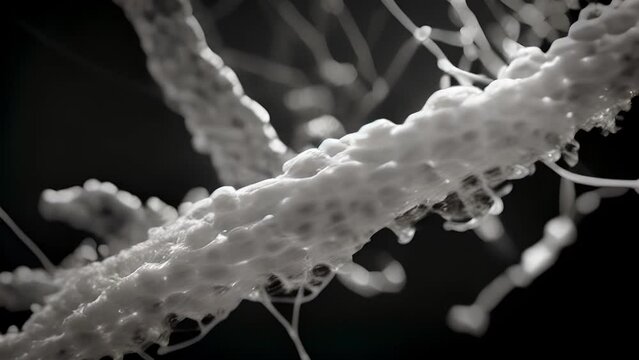 An electron micrograph microscope video of a single strand of RNA Polymerase magnified to reveal the delicate helical structure of the enzyme along with its web of intricately