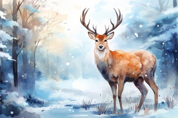 Watercolor deer in winter forest. Beautiful illustration picture. Generative AI
