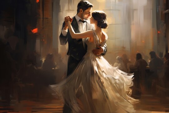 Waltz dance, man and woman. Beautiful illustration picture. Generative AI
