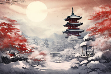 Fototapeta premium japanese style background, a castle in winter