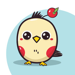 Adorable yellow baby bird with a berry. Colorful illustration of a cute little animal character