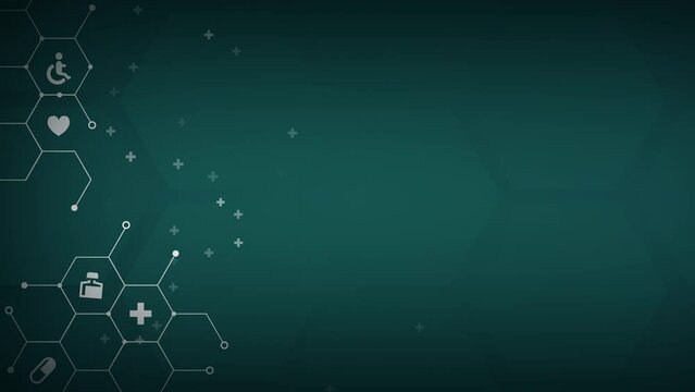Medicine, heart, disability medical icons on abstract green background with hexagonal shapes. Looped animation with health care crosses.