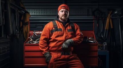 Skilled mechanic in red uniform. Beautiful illustration picture. Generative AI