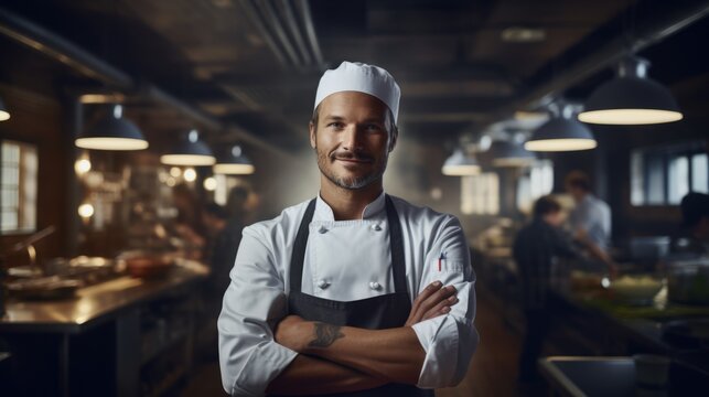 Skilled chef in white clothes is on the kitchen. Beautiful illustration picture. Generative AI