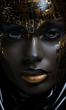 Wundersch&ouml;nes Model Frau Gesicht in schwarz mit sch&ouml;nen goldenen applikationen als Makeup Poster Nahaufnahme, ai genarativ