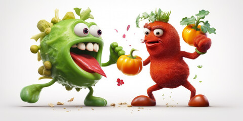Naklejka premium Crazy fighting vegetables. Childrens advertising or teacher materials. Lesson planning, health education. Dramatic, funny, isolated white background, knockout. 3d characters. Childrens party invite.