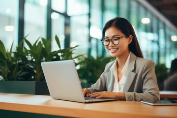 Young smiling asian business woman is working by using laptop. Beautiful illustration picture. Generative AI