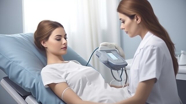 Young woman is doing medical examination of patient. Beautiful illustration picture. Generative AI