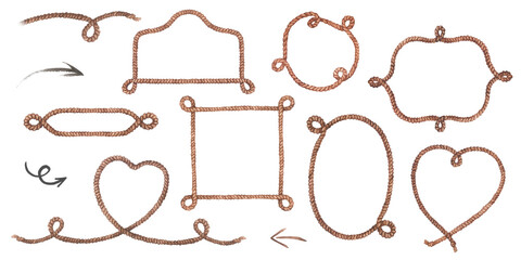 Rope Frame Border set. Watercolor vintage illustration on Isolated background. Drawing of round and heart shaped wreath. Square and rectangular tag bundle with copy space. Nautical style blank