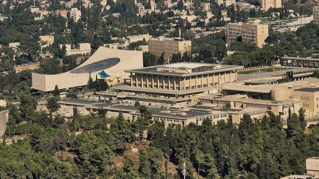 Knesset parliament Israeli goverment building in Jerusalem, aerial drone view 4k