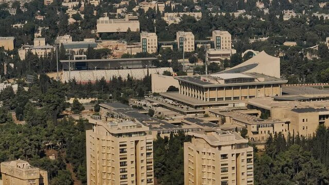 Knesset parliament Israeli goverment building in Jerusalem, aerial drone view 4k