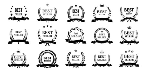 Best seller award stamps set vector illustration. Winners badges with black Best seller text and reward laurel leaves, round wreath with crown, stars and ribbons isolated promotion signs collection - obrazy, fototapety, plakaty