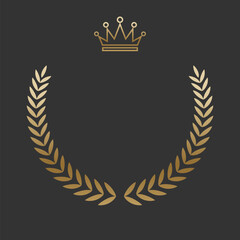 Realistic gold laurel wreath with golden crown. Premium insignia, traditional victory symbol on black backdrop. Triumph, win poster, banner layout , shiny frame, border