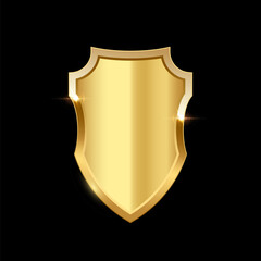 Gold shield vector illustration. Realistic isolated golden armory trophy with metal coat, 3d luxury safety protection emblem, vintage blank shiny royal award