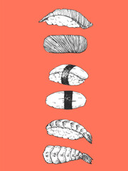 Hand-drawn illustration of Japanese Sushi Rolls. Ink. Vector