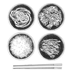 Asian dishes. Hand-drawn illustration of Korean Side Dishes. Banchan. Vector. Ink drawing. 