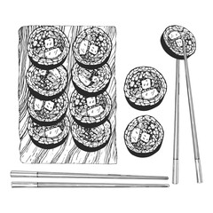 Asian dishes. Hand-drawn illustration of Kimbap. Korean Sushi Roll. Vector. Ink drawing. 
