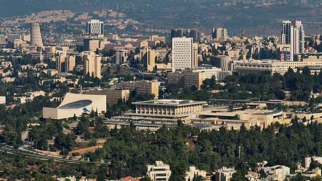 Knesset parliament Israeli goverment building in Jerusalem, aerial drone view 4k