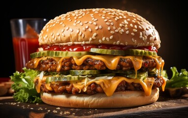 Fresh tasty burger with buns sesame, tomato, lettuce, cheese, onion, pickles, sauce, big double cheddar cheeseburger with chicken cutlet on wooden table