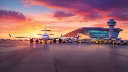 A beautiful airport with jet in sunset