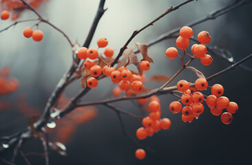 Natural organic moody autumnal scenery - close up of tree branches with red wild berries on blurred dark gray background. October, November, Helloween backdrop. Autumn harvest season. Fall forest