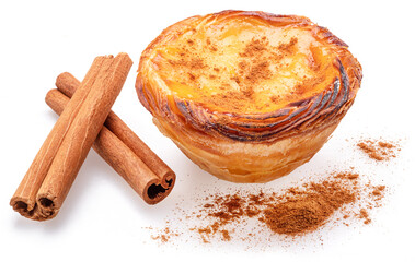 Pastel de nata tart and cinnamon sticks isolated on white background.