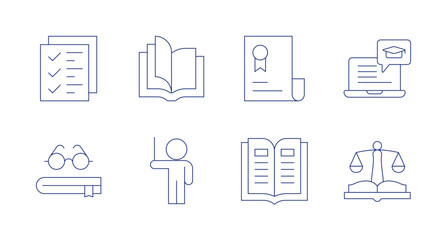 Education icons. Editable stroke. Containing checklist, open book, certificate, online learning, book, lecturer, law.