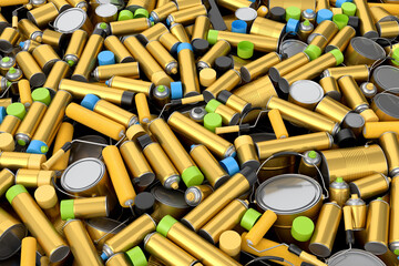 Pile of spray paint cans on gold background. Spray bottle and dispenser