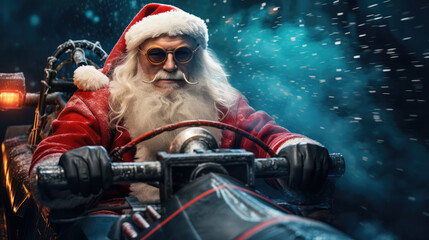 santa driving, santa Formula One car , Christmas, Generative AI