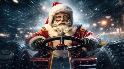 Rolgordijnen santa driving, santa Formula One car , Christmas, Generative AI © Gasia