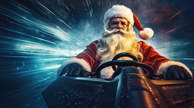 santa driving, santa Formula One car , Christmas, Generative AI