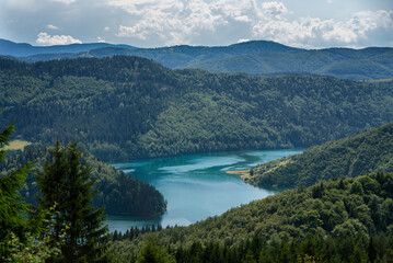 Zlatar lake in the mountains in Serbia, beautiful idyllic mountain summer landscape.