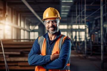 Smiling electrician at indoor construction site, wearing safety gear and posing confidently. Photo generative AI
