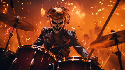 Fototapeta na wymiar A person in halloween costume playing drum, drum on fire, halloween, Generative AI