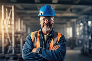 Smiling electrician at indoor construction site, wearing safety gear and posing confidently. Photo generative AI