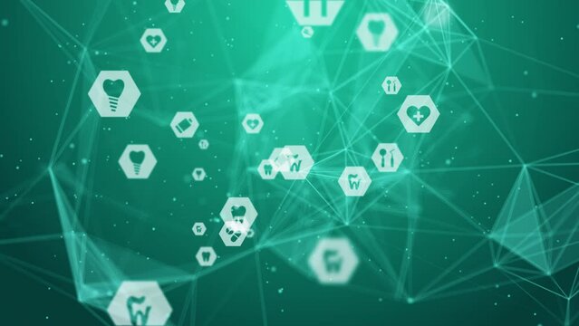 Dental icons in hexagons on abstract green background with plexus lines and triangles. Medical looping motion graphics.