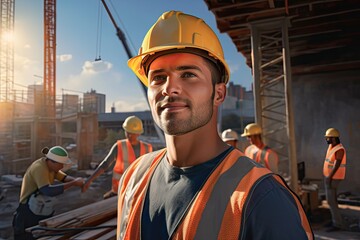 Happy construction worker at building site with group of workers in background. Photo generative AI