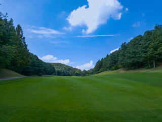 Green grass Golf course cloud and blue sky