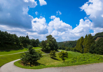 Fototapeta na wymiar Green grass Golf course cloud and blue sky