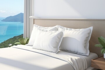 White pillow mockup of a bed in the hotel bedroom