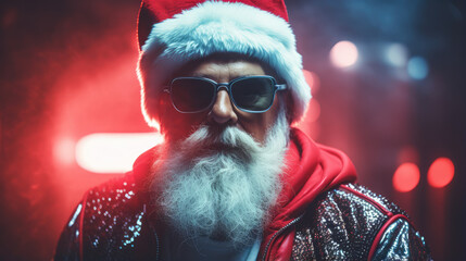 Santa claus as a DJ, Pub, neon light, christmas , Rapper, Generative AI
