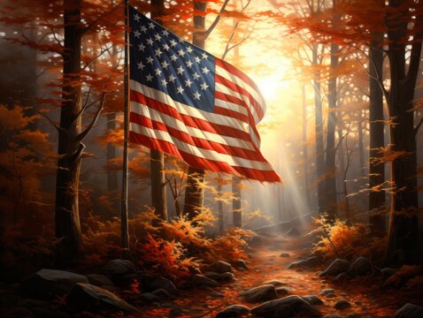 As fall leaves cascade, the American flag contrasts brilliantly against the amber and golden hues of an autumnal forest, celebrating change and continuity.