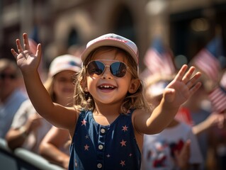 Joyful Girl Celebrating with American Flag - obrazy, fototapety, plakaty