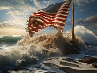 Perched on a cliff's edge, the American flag flutters above a raging ocean, representing steadfastness and resilience against nature's mighty forces.