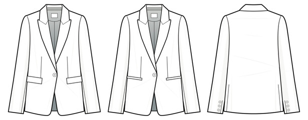 women's suit a fashion flat technical drawing template. Single Button coat jacket vector template illustration. front and back view. women's jacket, white colour. Women's jacket, CAD mockup.