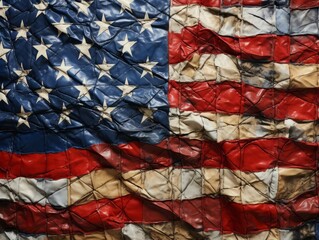 The close-up of a patchwork American flag, meticulously sewn by hand, reveals textures and imperfections