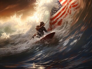 Professionally composed, a surfer rides a wave with the American flag designed on his board. The energetic scene celebrates the spirit of freedom and adventure, all set against the vast ocean.