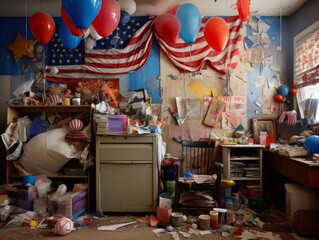 A child's bedroom wall is adorned with a medium-sized American flag. Amidst scattered toys and drawings, it's a touching portrayal of budding patriotism.