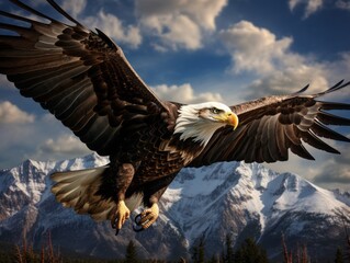 The eagle soars with the American flag in its talons against a backdrop of towering mountains, epitomizing freedom and the spirit of the nation, encapsulating the wild, untamed essence of America.