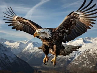 Zelfklevend Fotobehang The eagle soars with the American flag in its talons against a backdrop of towering mountains, epitomizing freedom and the spirit of the nation, encapsulating the wild, untamed essence of America. © Dawid
